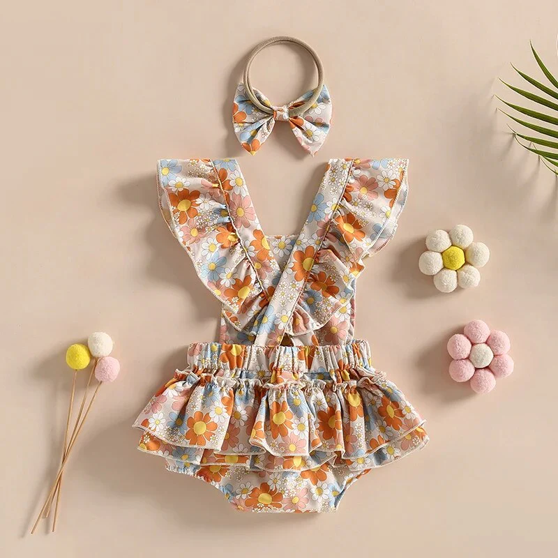 Nora - Baby Girls Flower Print Romper with Headband Sets