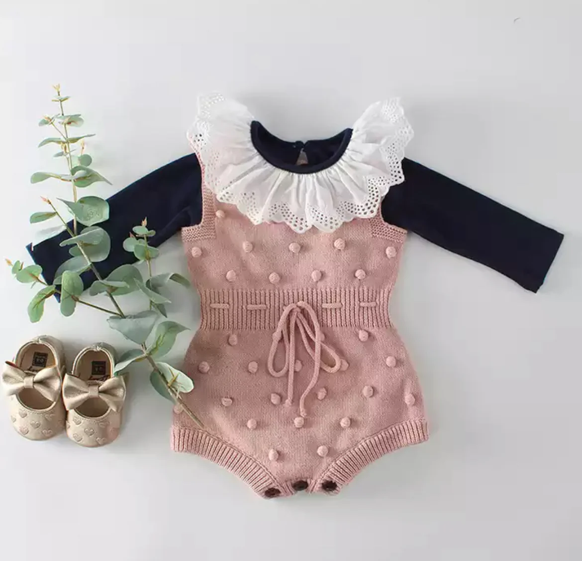 Baby Girl Knitted Romper with Bobbles / Pom Pom - Dusty Pink