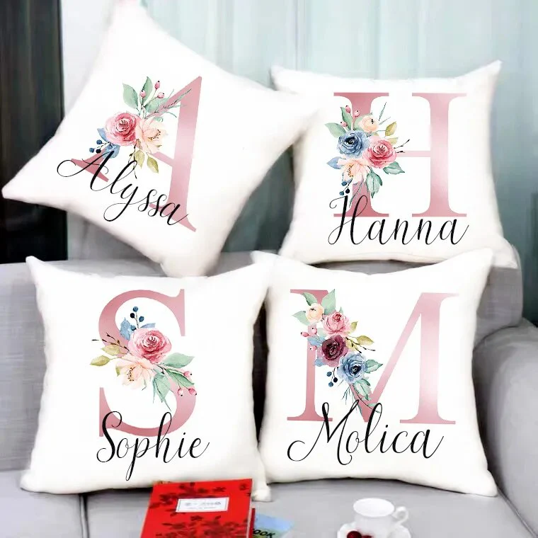 Personalised Pillow Cases Custom Initial Flower with Name Cushion Cover