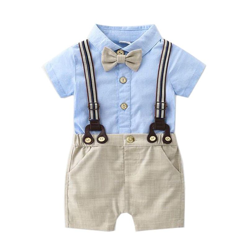 Randall - Toddler Boy Summer Suit Set - Infant Bow Tie Blue Shirt+Suspender Shorts