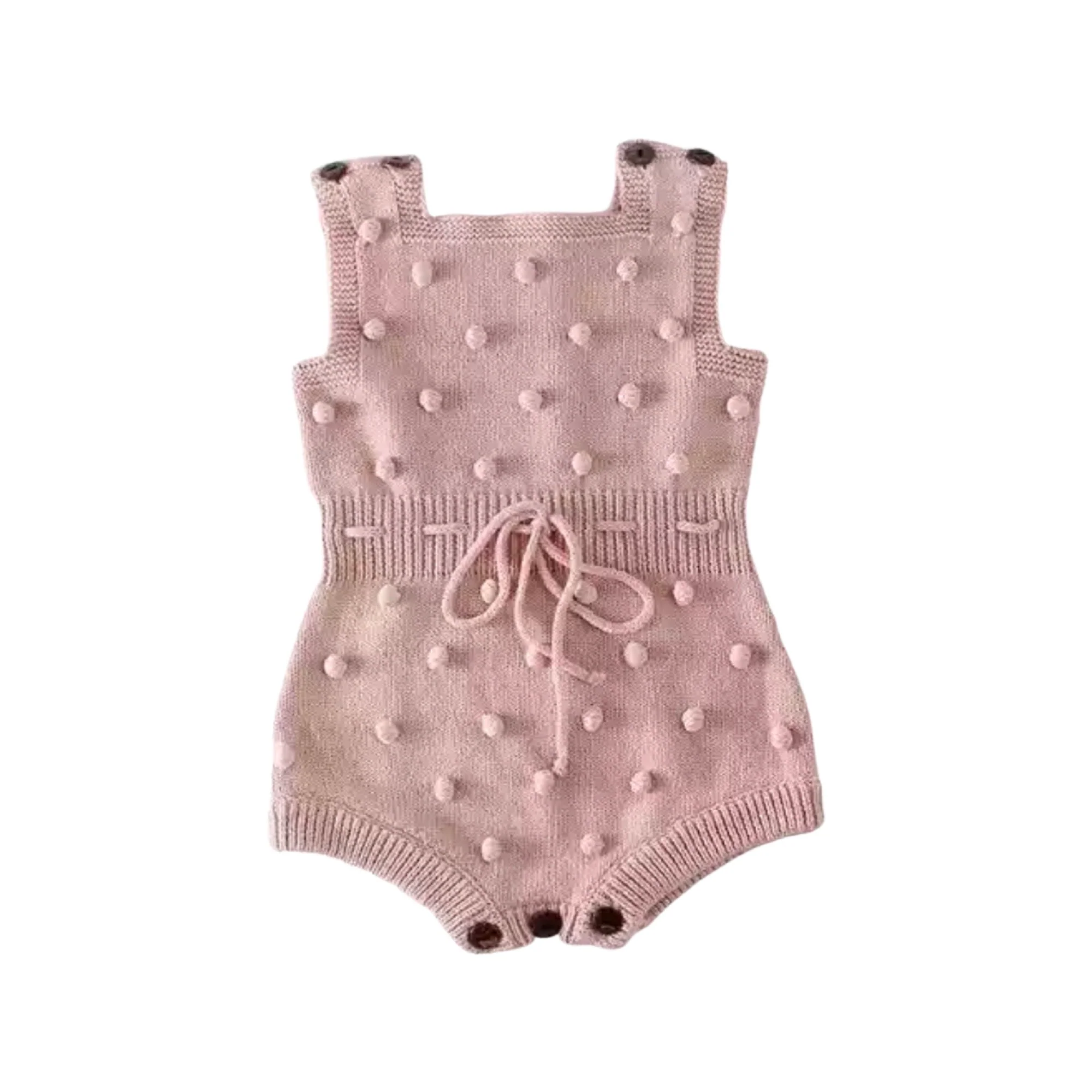 Baby Girl Knitted Romper with Bobbles / Pom Pom - Dusty Pink