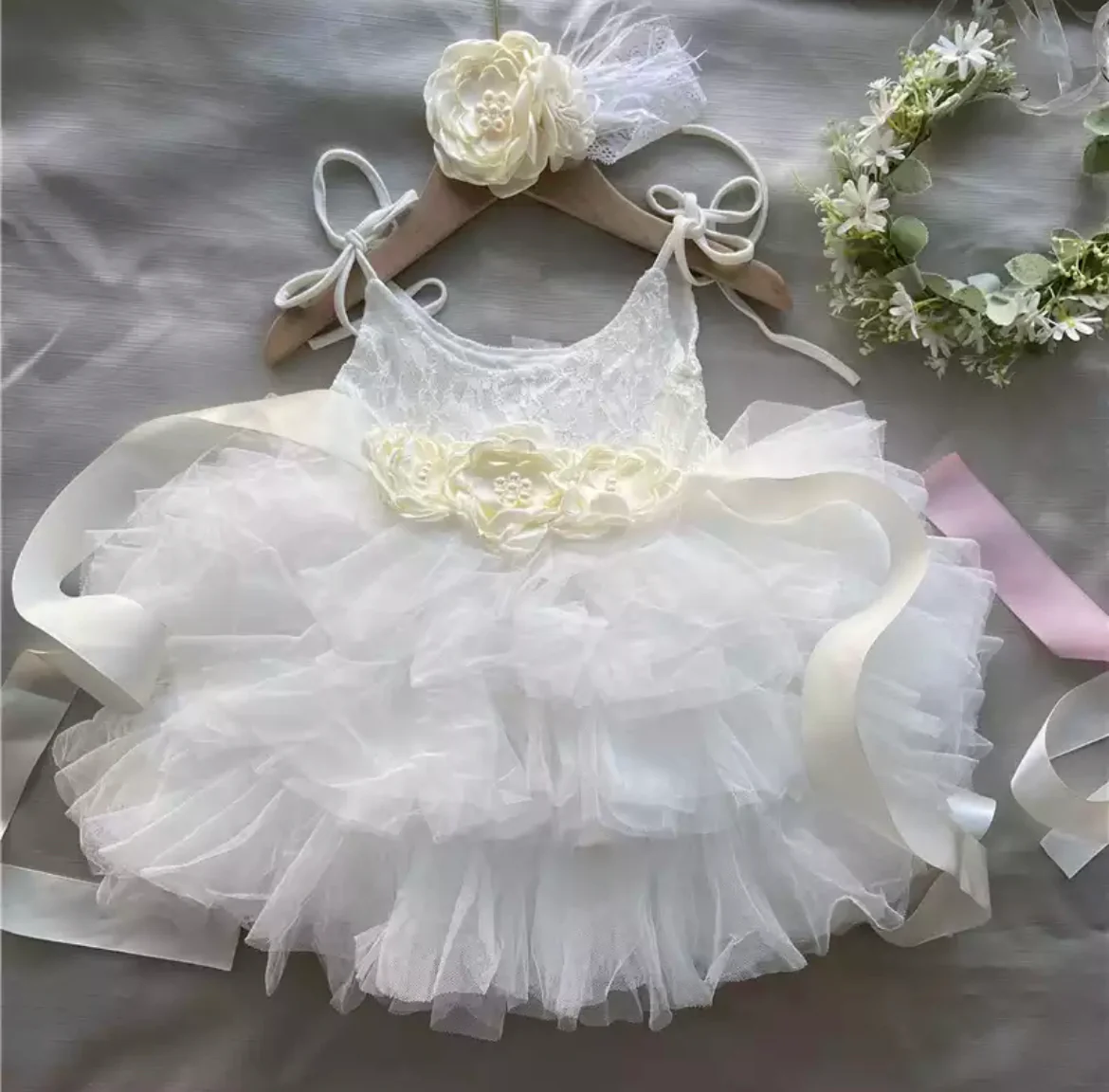 Delilah - Princess Lace & Tulle Dress with Floral Sash + Headband  - Crystal White