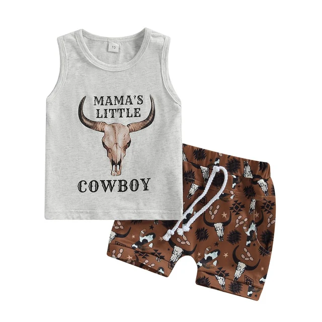Mamas Little Cowboy - Bulls Head , Sleeveless Tank Top+ Shorts Casual Sets