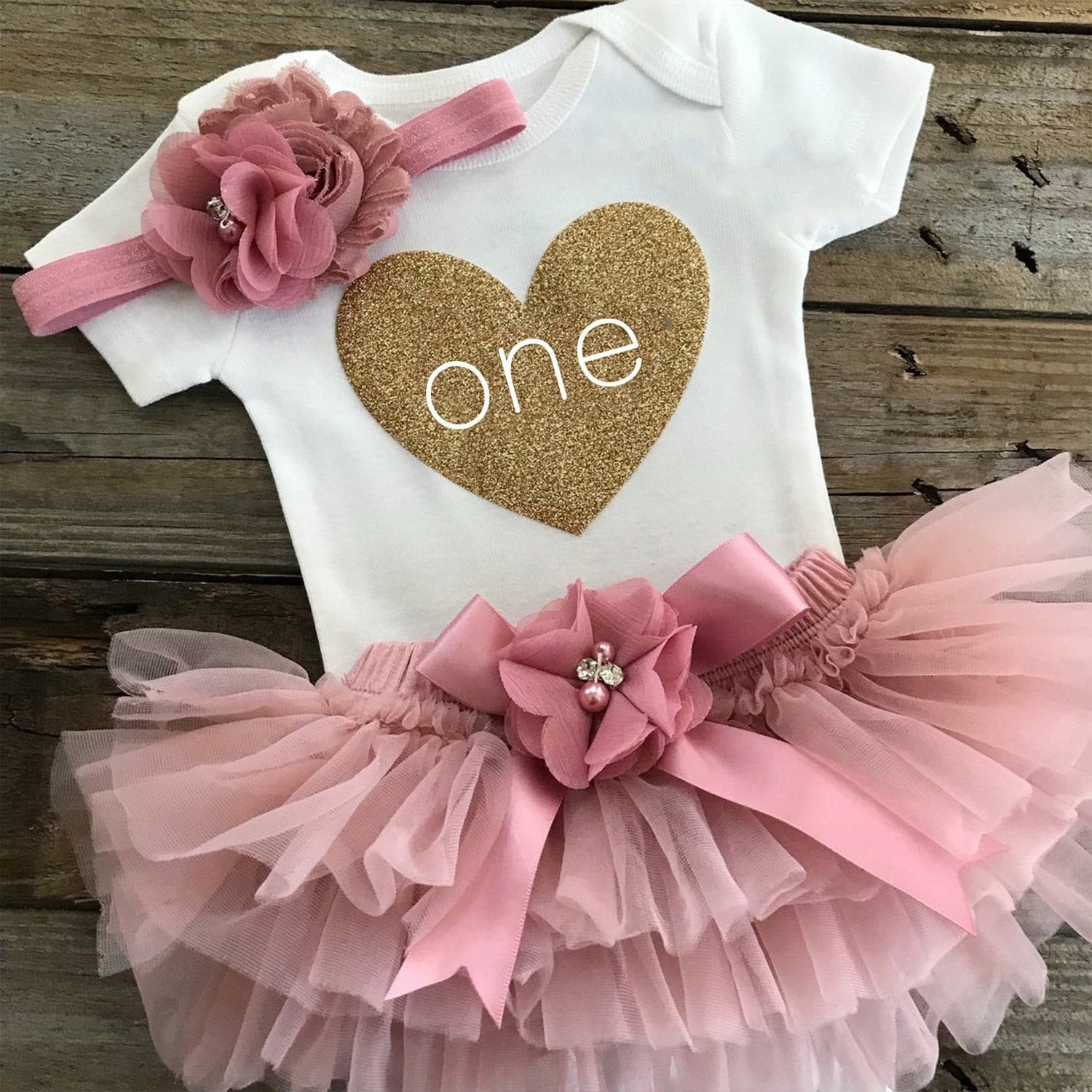 Baby Girls First 1st Birthday Outfit - Dusty pink