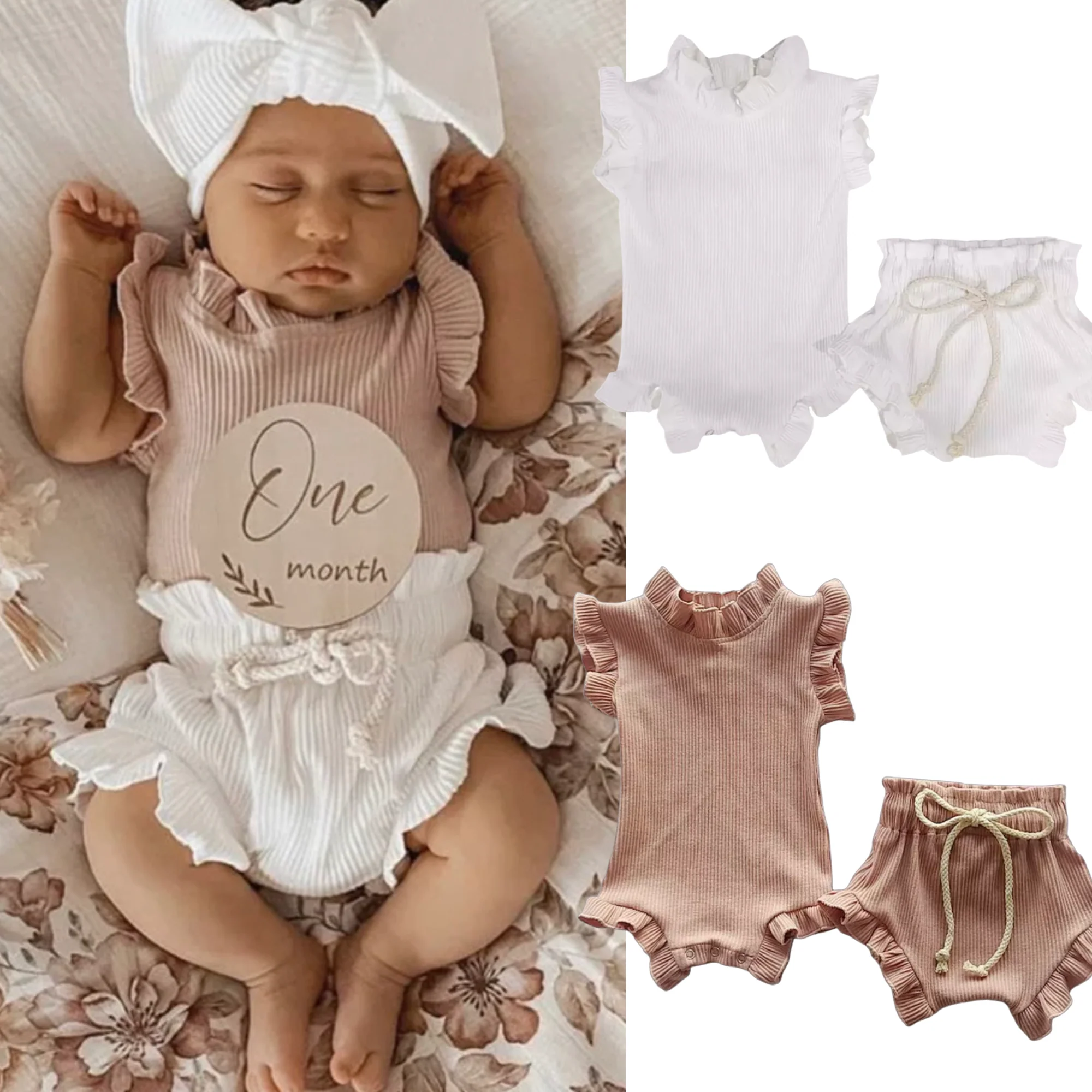 Baby Girls Short Sleeve Romper 2 piece Set, Soft Waffle Cotton