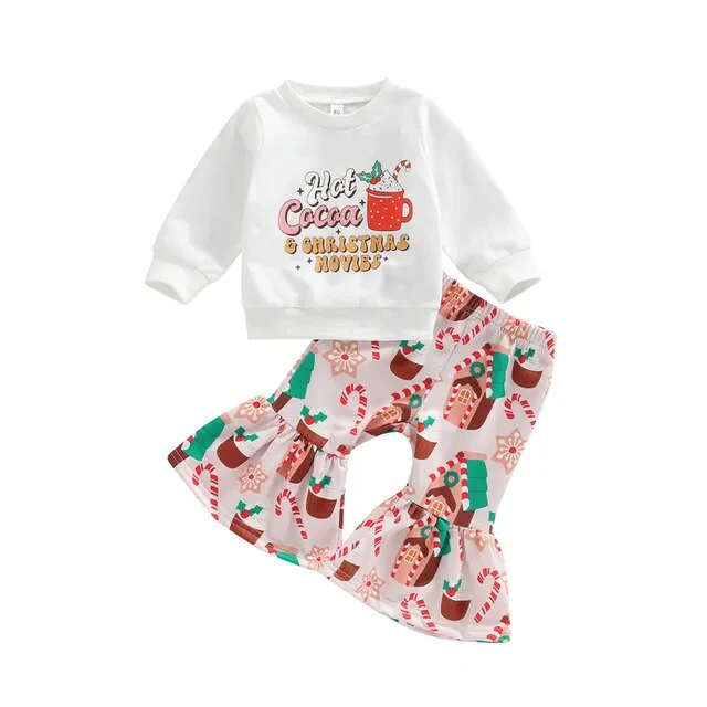 Girls Christmas Clothing Set - Long Sleeve Letter Print Sweatshirt + Flare Pants