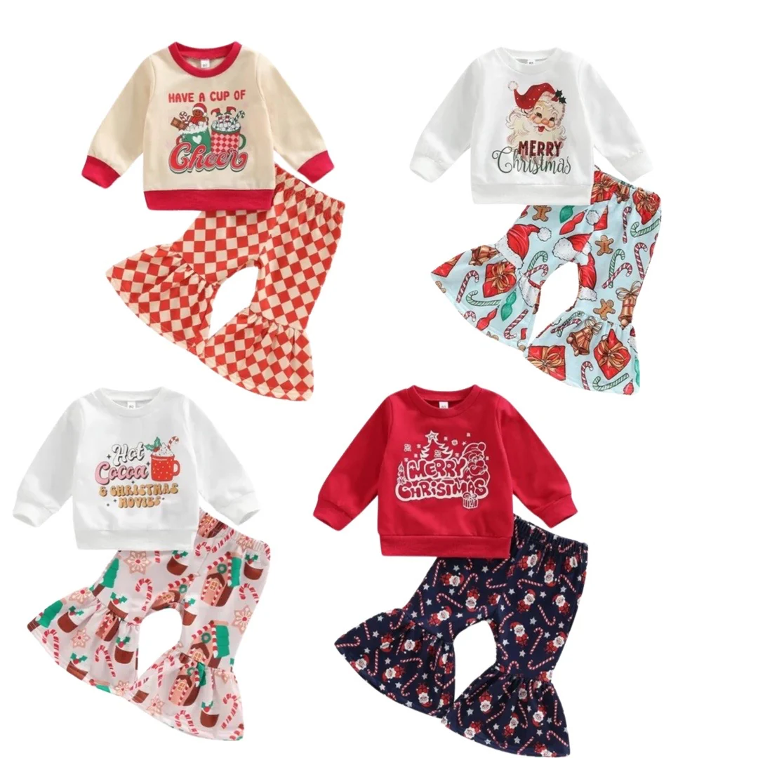 Girls Christmas Clothing Set - Long Sleeve Letter Print Sweatshirt + Flare Pants