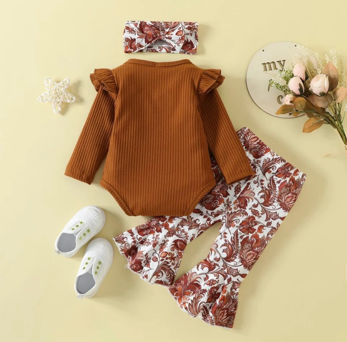 Brown Floral Flared Pants Set