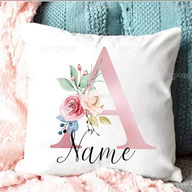 Personalised Pillow Cases Custom Initial Flower with Name Cushion Cover