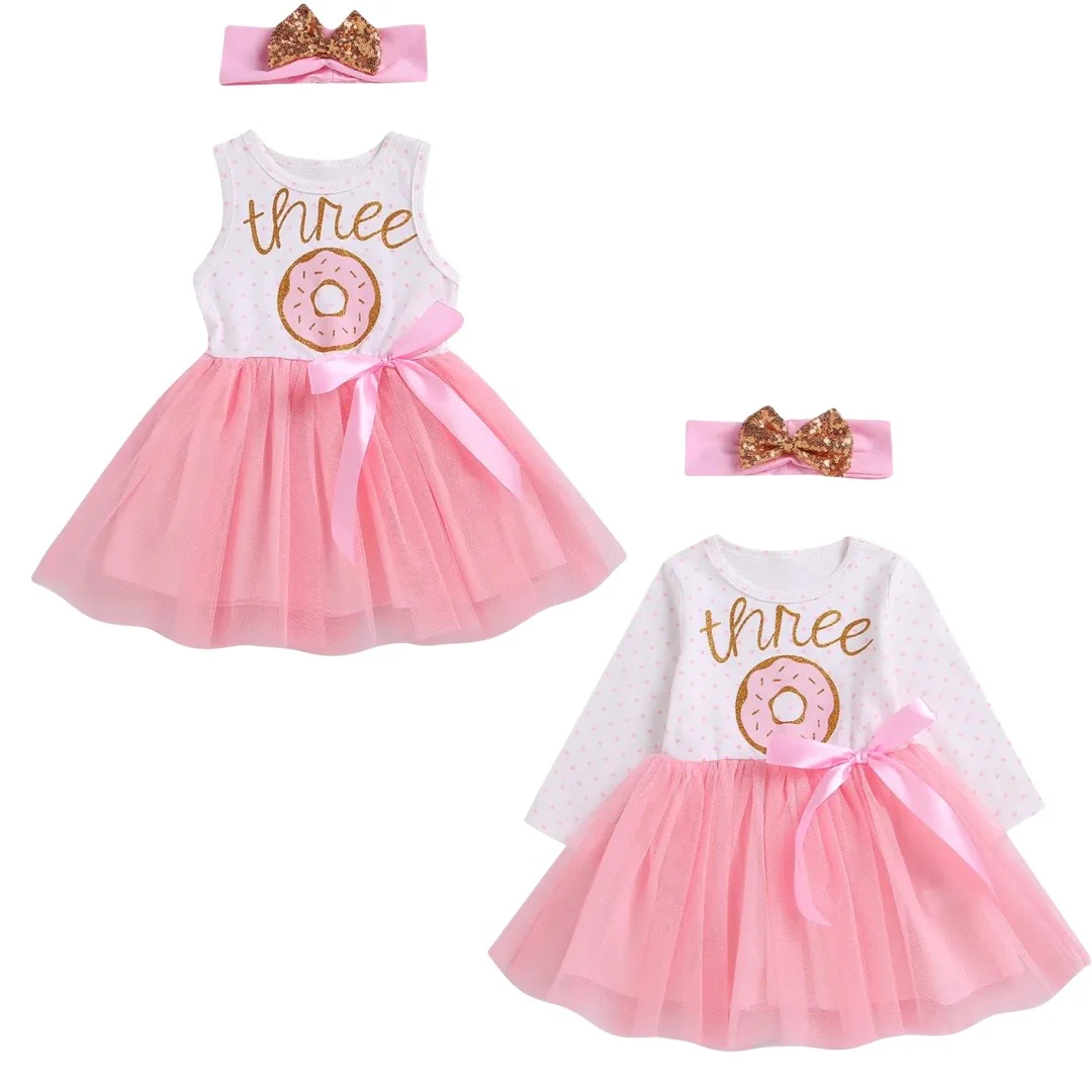 Baby Girl Donut Print Third Birthday Tutu Dress Outfit