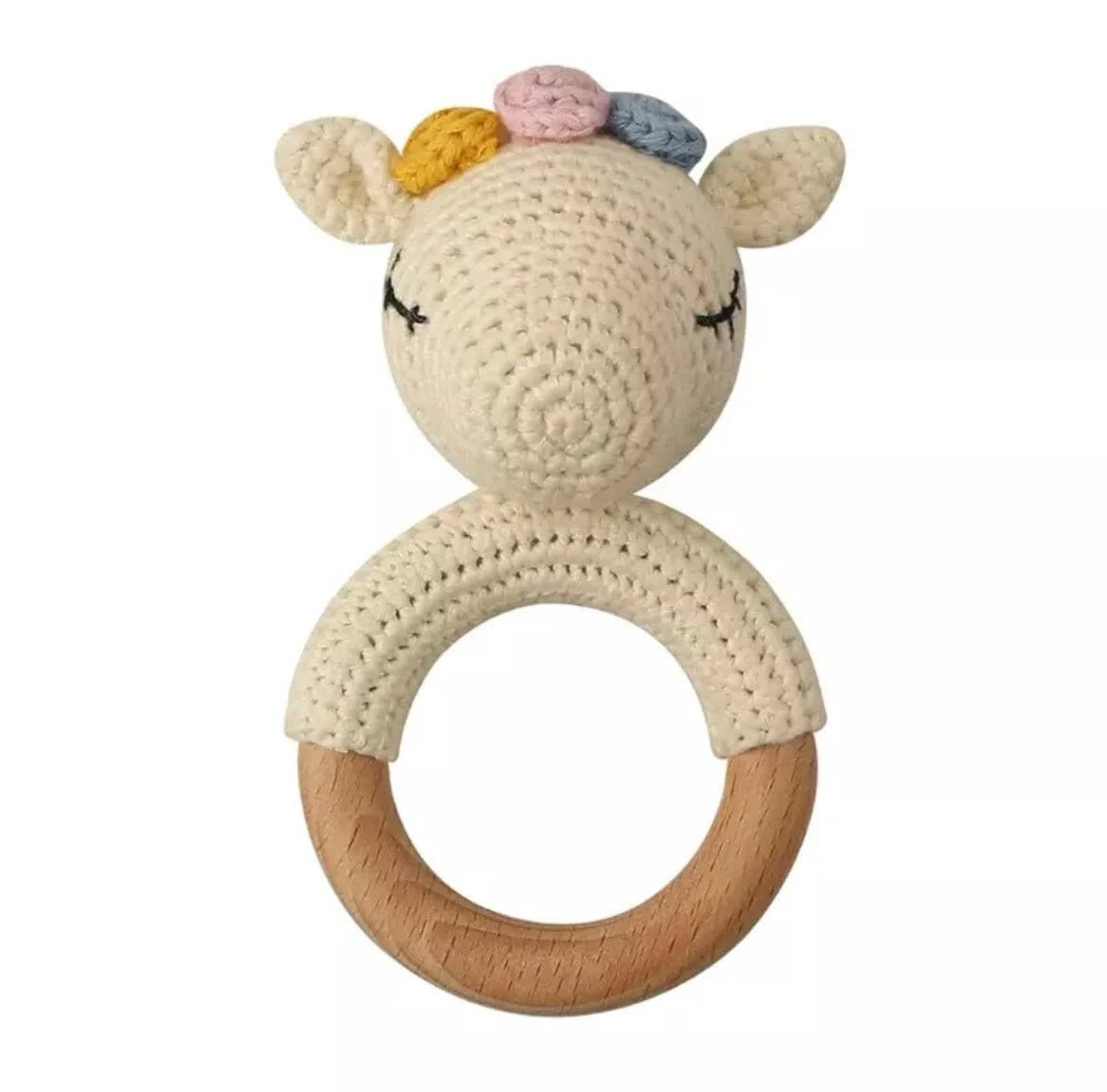 Crochet Baby Rattle Toy, Smooth Beech Wood Teething, Crochet Ring Soother