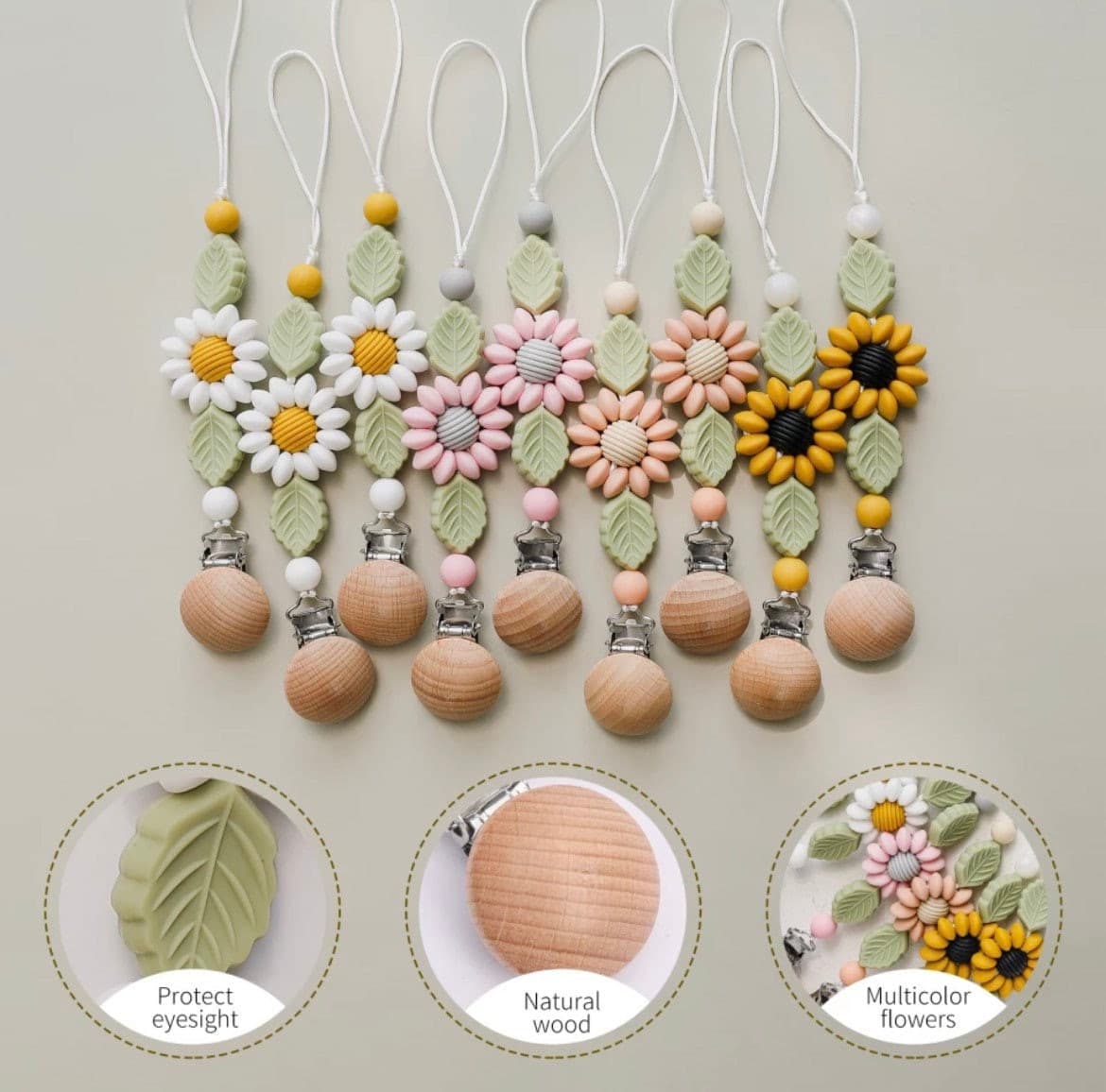 Daisy - BPA Free Silicone Baby dummy clip with flower and leaf
