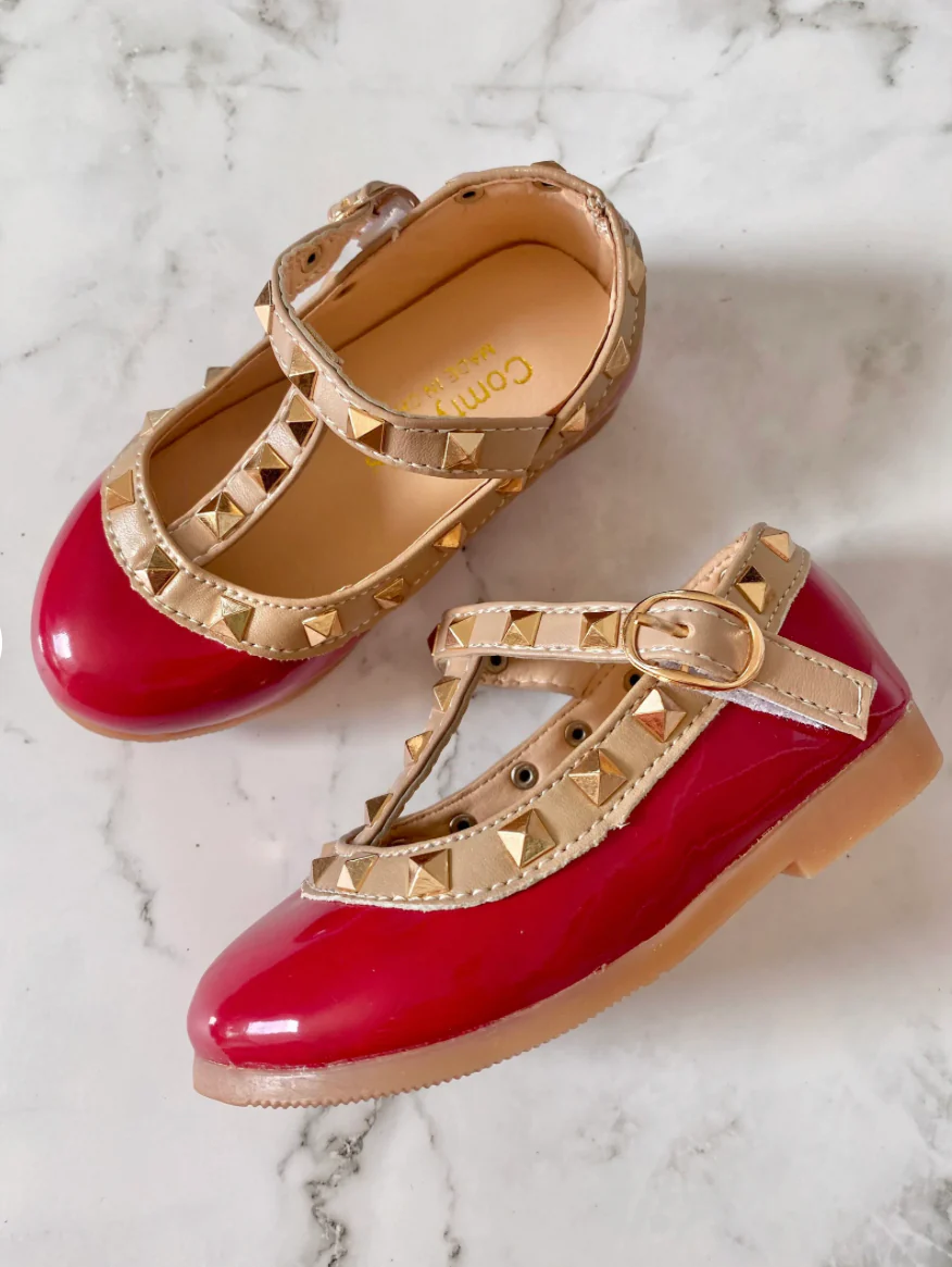 Valerie -Rockstar Stud Patent Leather Girl Shoes - Red