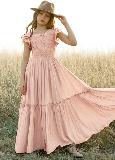 Talia - Girls Long Lace Boho Dress, Peach