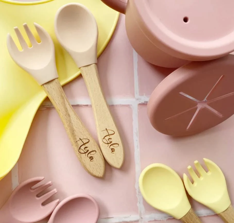 Personalised Baby Silicone Feeding Set, Personalised Spoon and Fork Set/ Toddler Feeding Set/ BPA Free - Eco Friendly - Baby weaning spoon