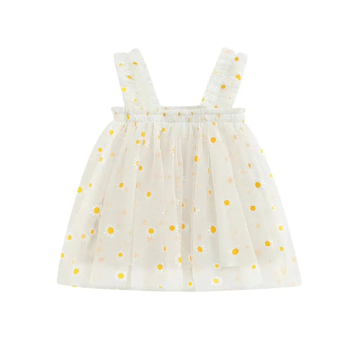 Girls Tulle Tutu Dress with Daisies - White