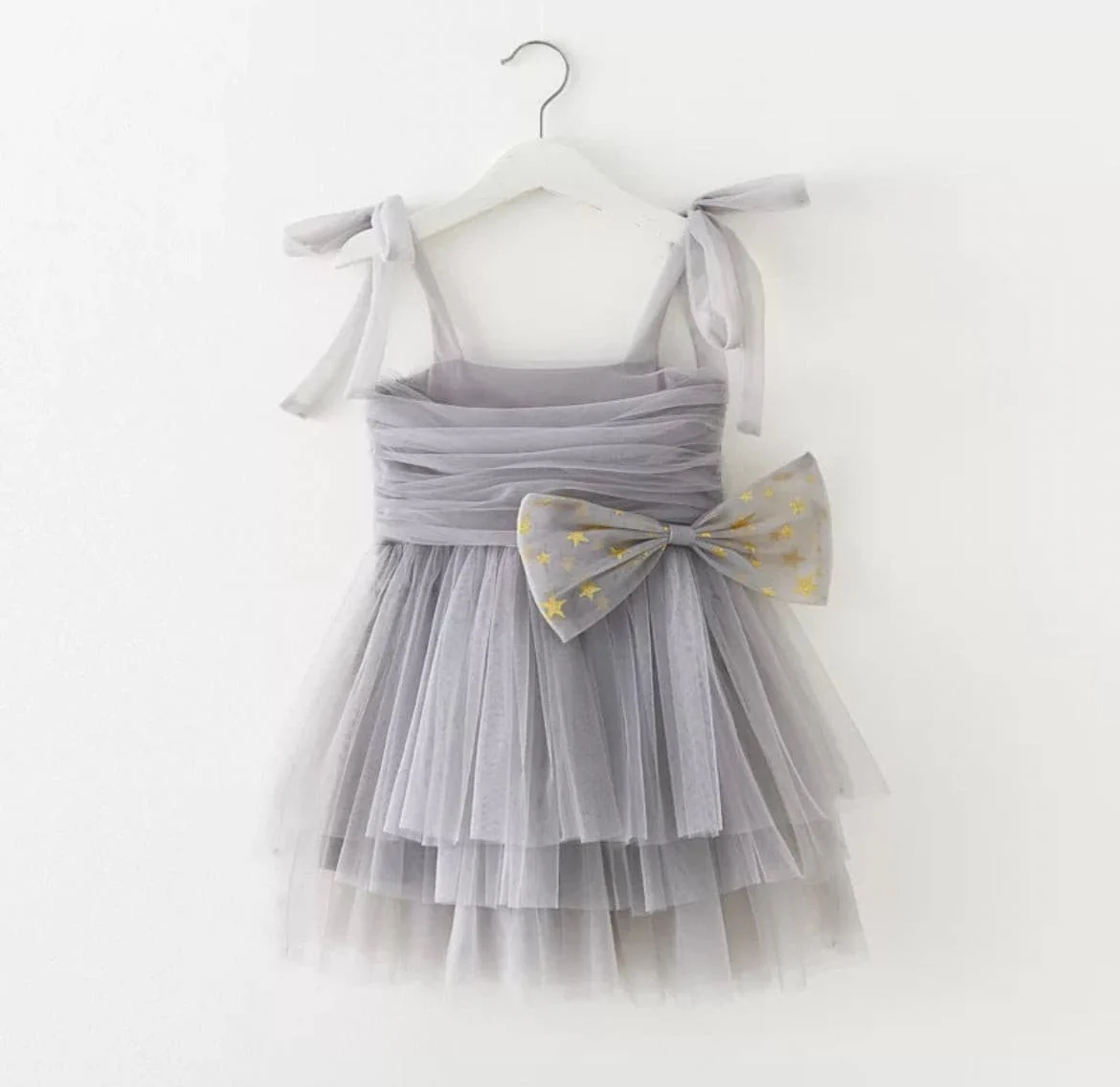 Tulle Layer Dress with Glitter Bow- Grey
