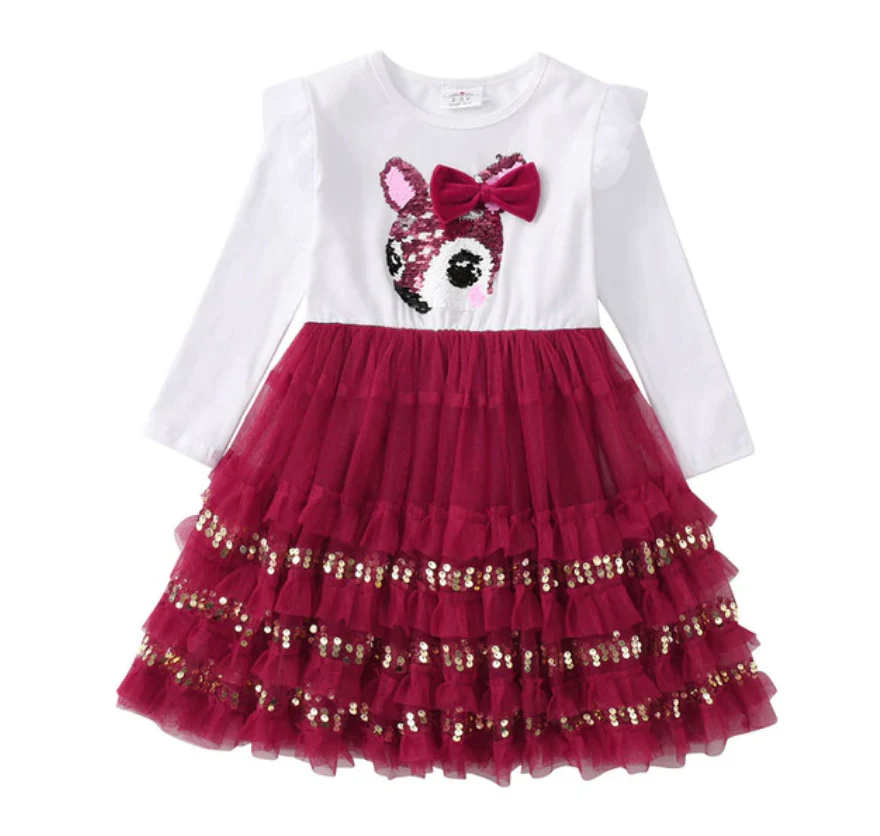 Bambi - Girls Long Sleeve Tulle Tutu & Sequin Layered Skirt Dress