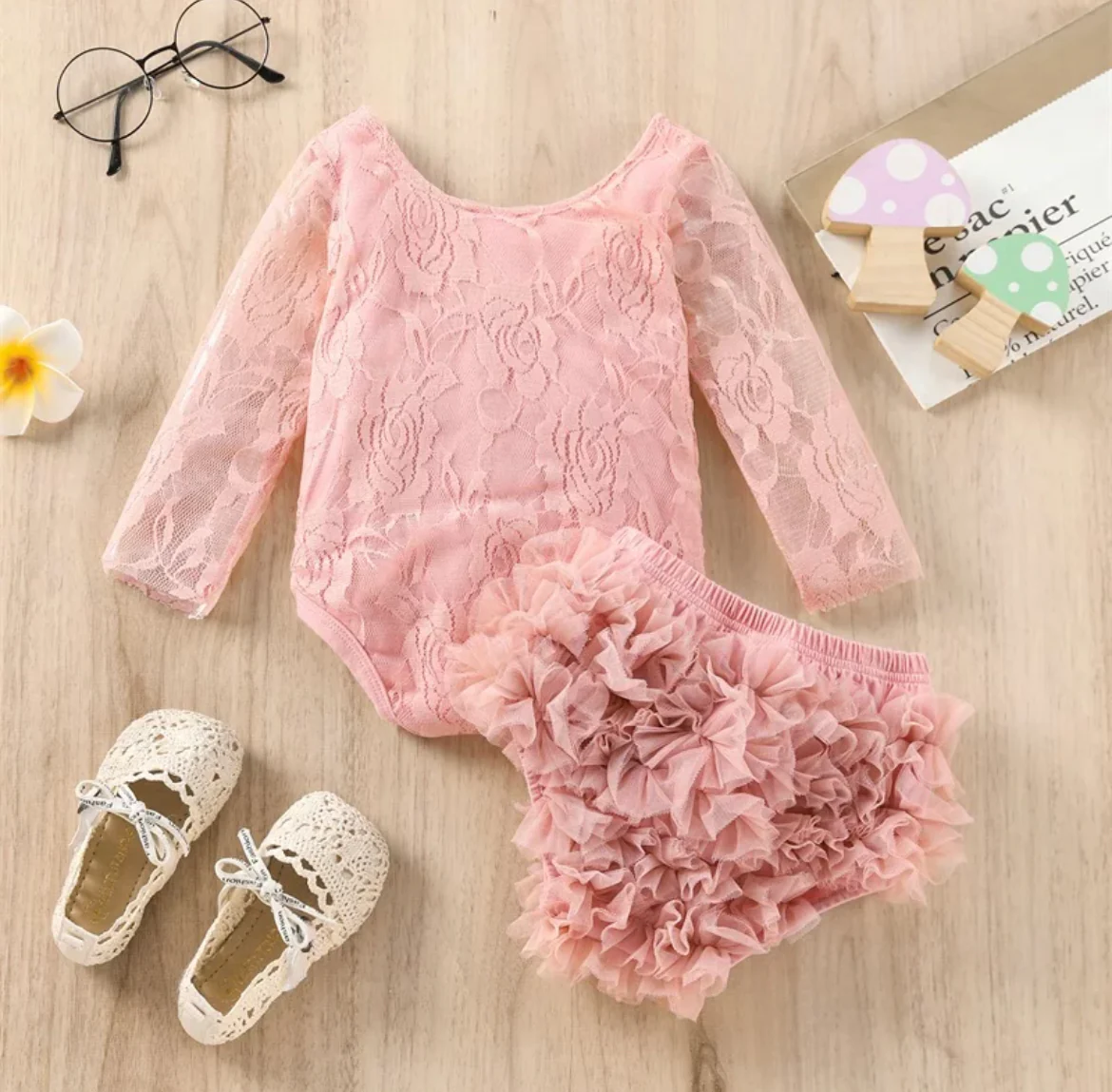 Girls First Birthday Lace ��One�� Long Sleeve Romper + Bloomers Set  - Dusty Pink