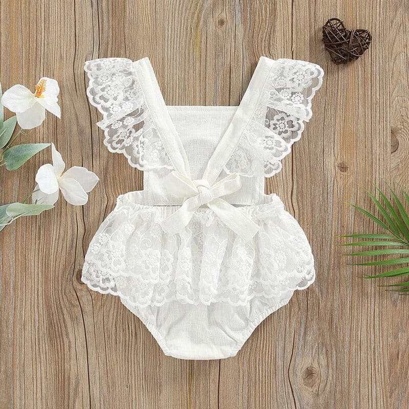 Summer Baby Girls Romper Lace Fly Sleeve Rainbow Romper - Ivory