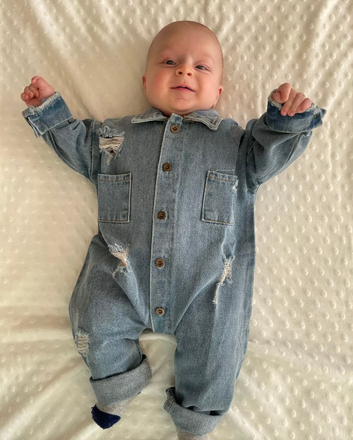 Distressed Denim Long Sleeve Romper