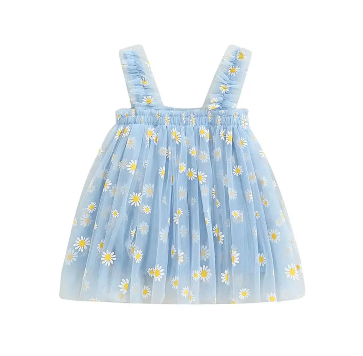 Girls Tulle Tutu Dress with Daisies - Sky Blue