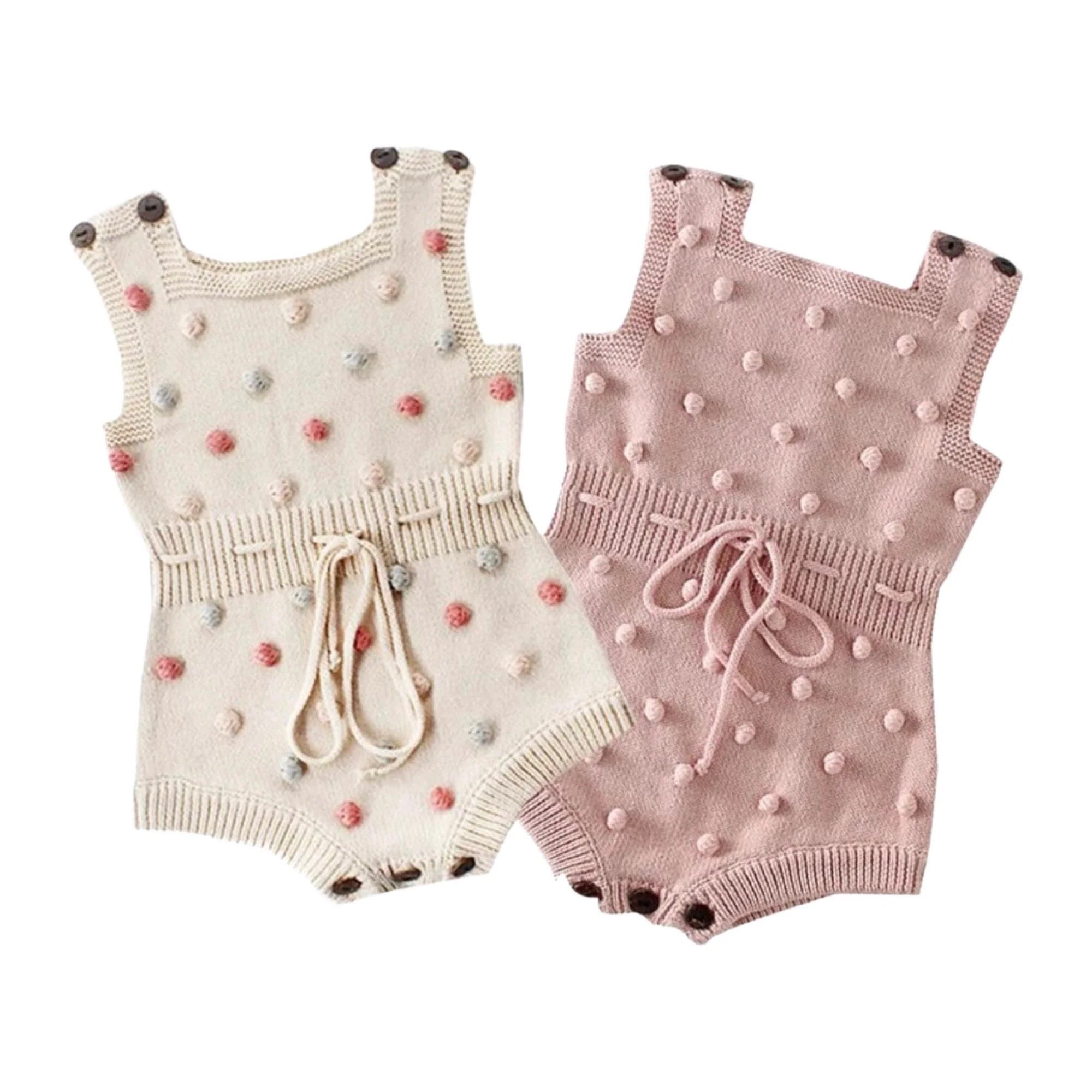 Baby Girl Knitted Romper with Bobbles / Pom Pom - Dusty Pink