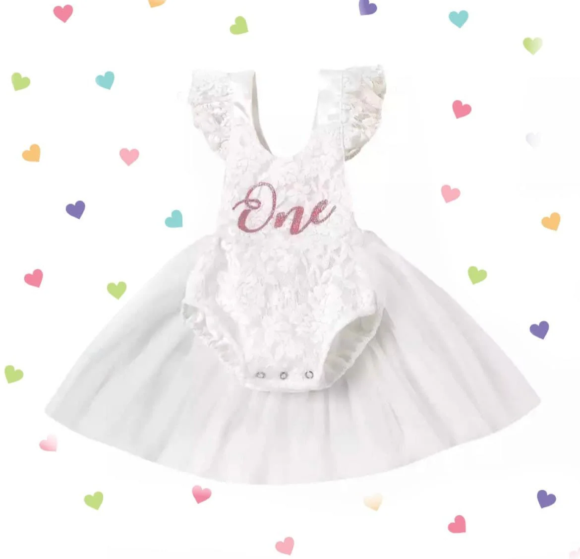 Lacey - Baby Girls First Birthday Lace Romper + Glitter One