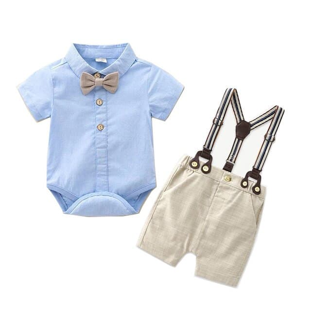 Randall - Toddler Boy Summer Suit Set - Infant Bow Tie Blue Shirt+Suspender Shorts