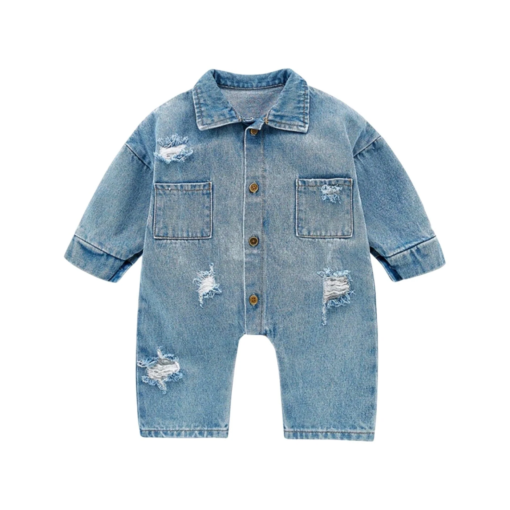 Distressed Denim Long Sleeve Romper