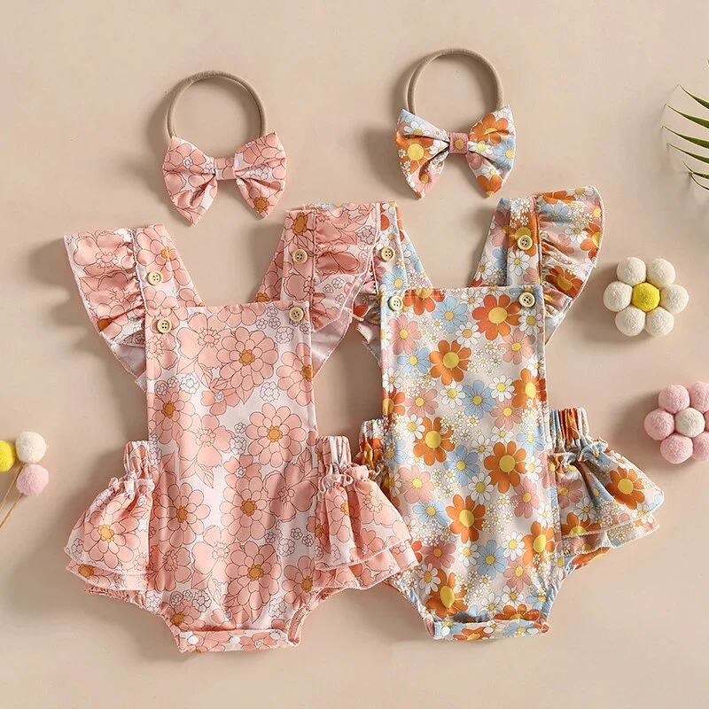 Nora - Baby Girls Flower Print Romper with Headband Sets