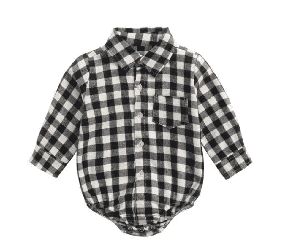Boys Plaid Check Shirt Romper - White & Black