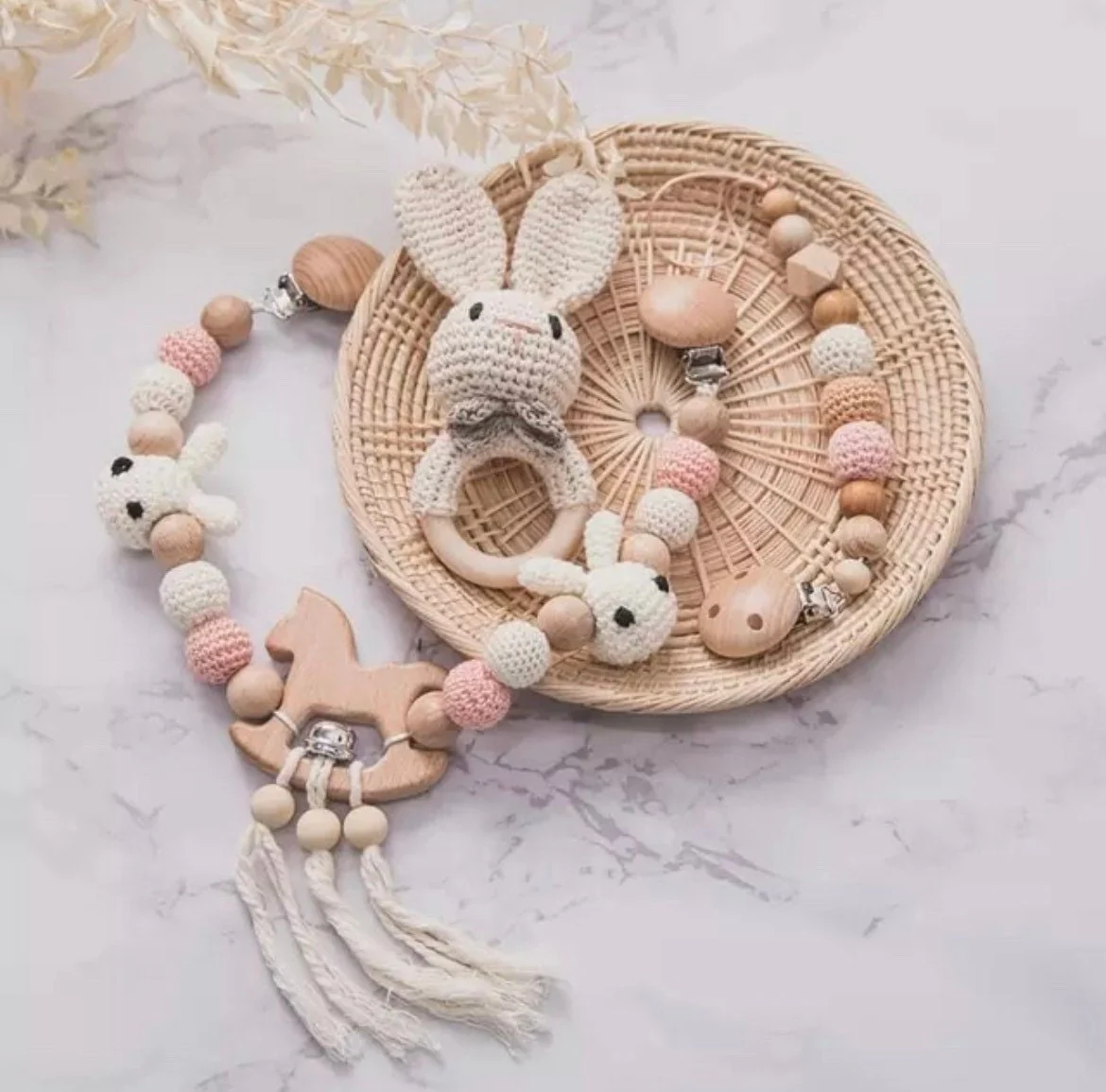 Crochet Elephant Pram Garland and Dummy Chain & Rattle Gift Set