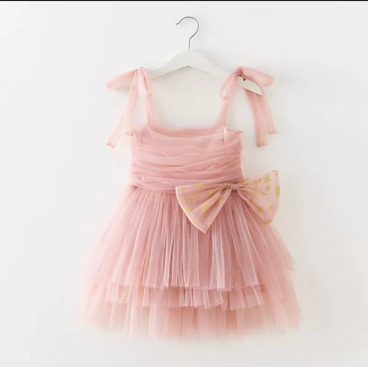 Tulle Layer Dress with Glitter Bow- Dusty Pink