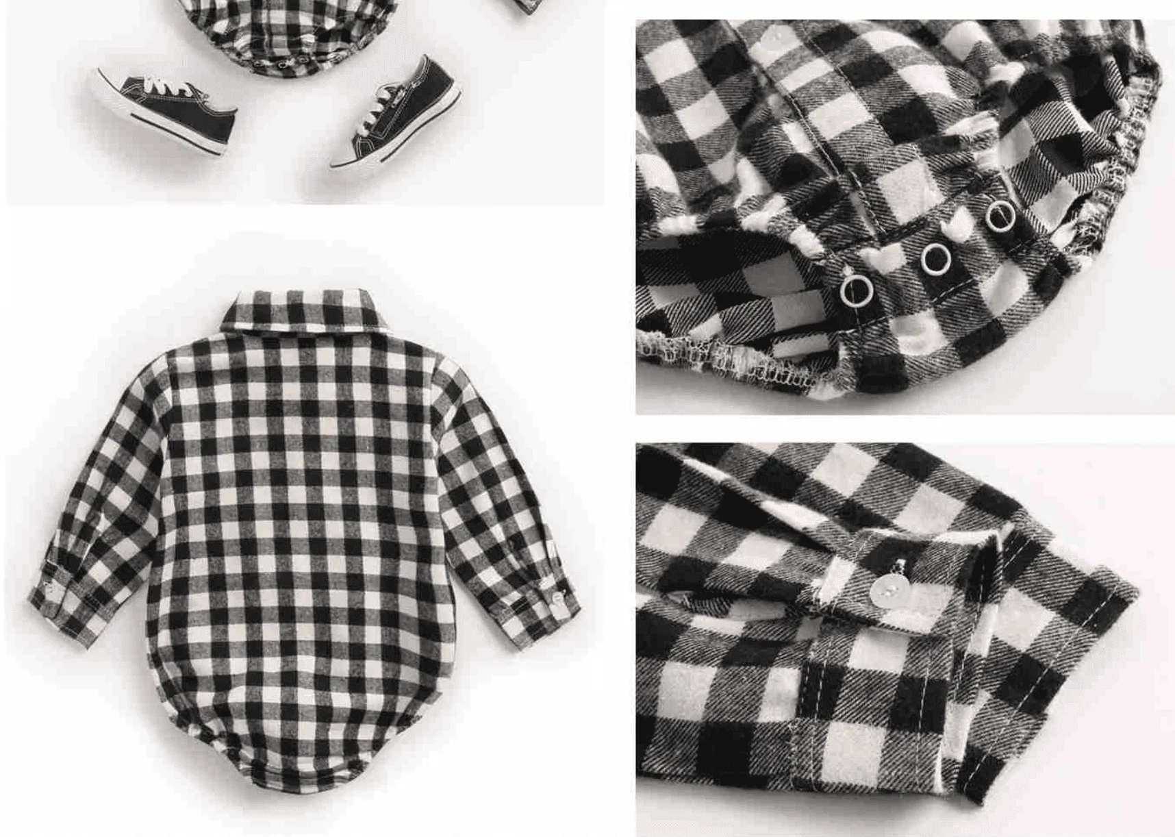 Boys Plaid Check Shirt Romper - White & Black