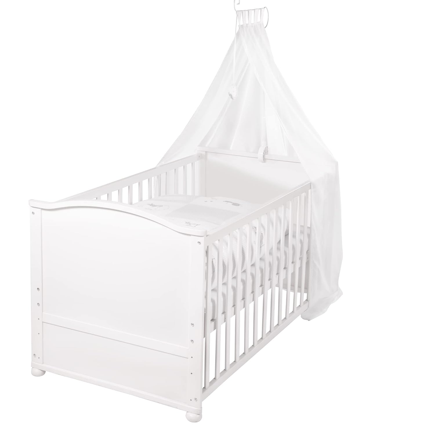 roba Babybett Set Adam & Eule - 70 x 140 cm - Mitwachsendes Kinderbett mit Bettwäsche, Himmel, Matratze - Höhenverstellbar - zu Juniorbett umbaubar - Holz weiß