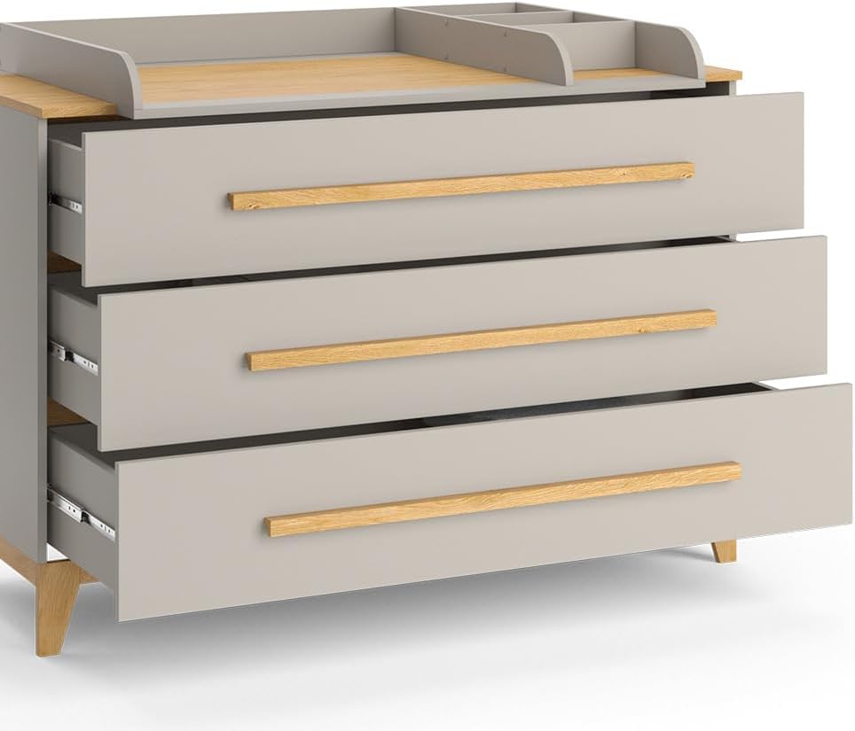 VitaliSpa Wickelkommode Malia, Weiß/Eiche, 133 x 98 cm XL mit 3 Schubladen
