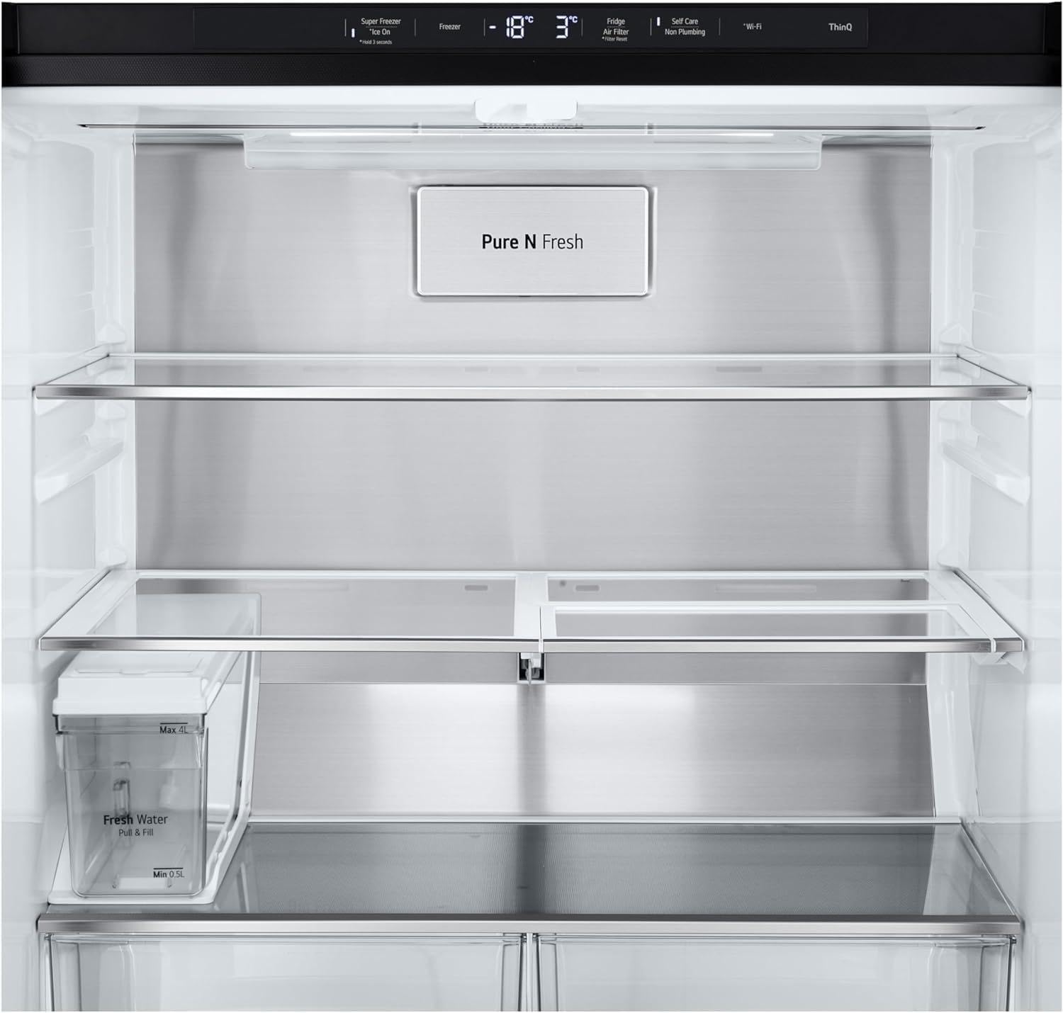 LG GMG861EPAE InstaView SLIM Multi-Door, Klasse E, 508 L, Kühlschrank mit Gefrierfach, Eis-, Crushed Ice- Wasserspender mit UVnano, Total NoFrost, Smart Inverter Kompressor, Wi-Fi, Farbe Matte Black