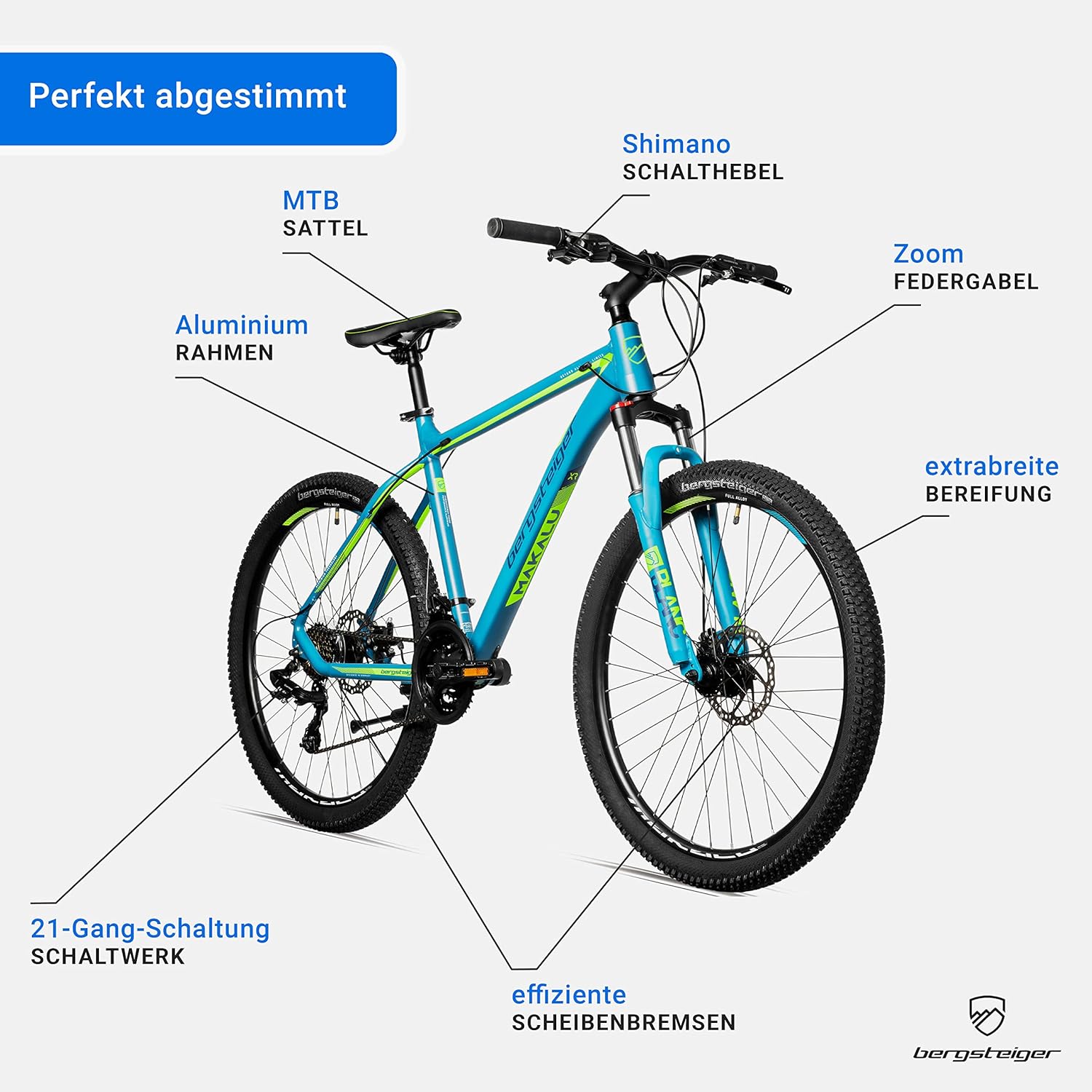 Bergsteiger Makalu 26 Zoll Mountainbike Aluminium, geeignet ab 150 cm, Scheibenbremse, Shimano 21 Gang-Schaltung, Hardtail, Jungen-Fahrrad & Herren-Fahrrad