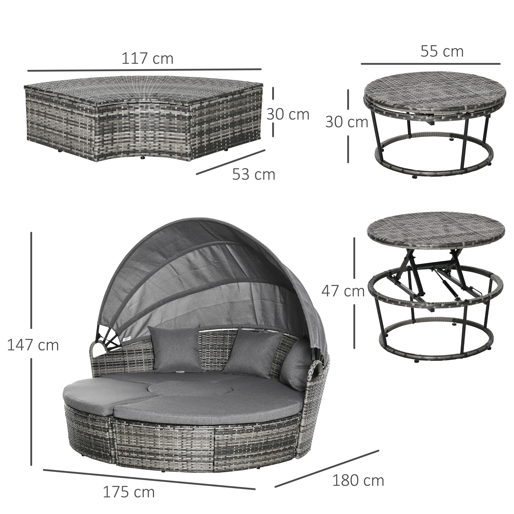 Outsunny Sonneninsel Loungeinsel Gartenmöbel-Set,  inkl. Polster, 175 cm x 180 cm x 147 cm, Grau