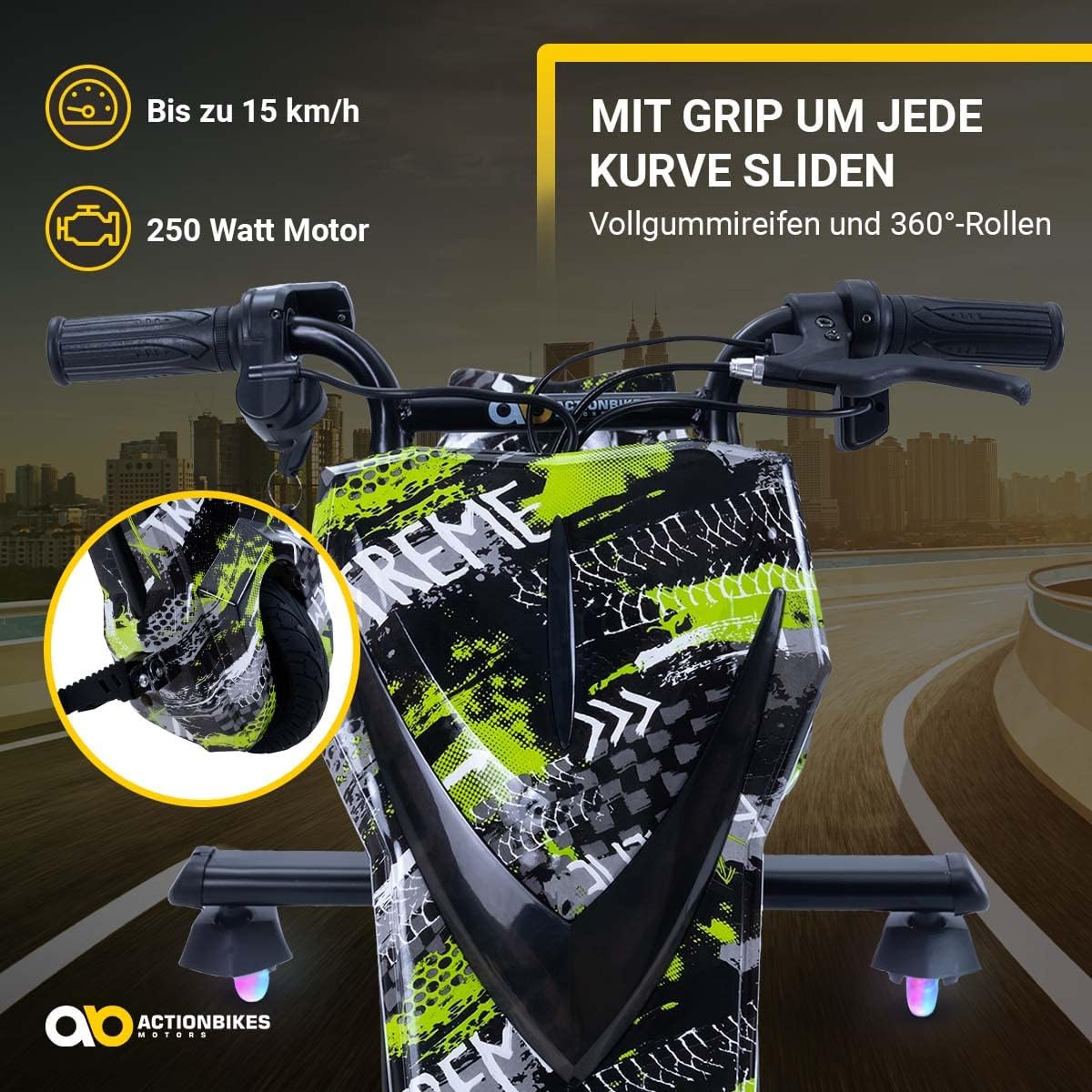 Actionbikes Motors Kinder Elektro Driftscooter | 𝟐𝟓𝟎 Watt Motor - Drift Cart 360°- 3 Geschwindigkeitsstufen - LED-Beleuchtung - Sitz verstellbar - Bluetooth - Drift Kart - Drift Auto (Space Purple)