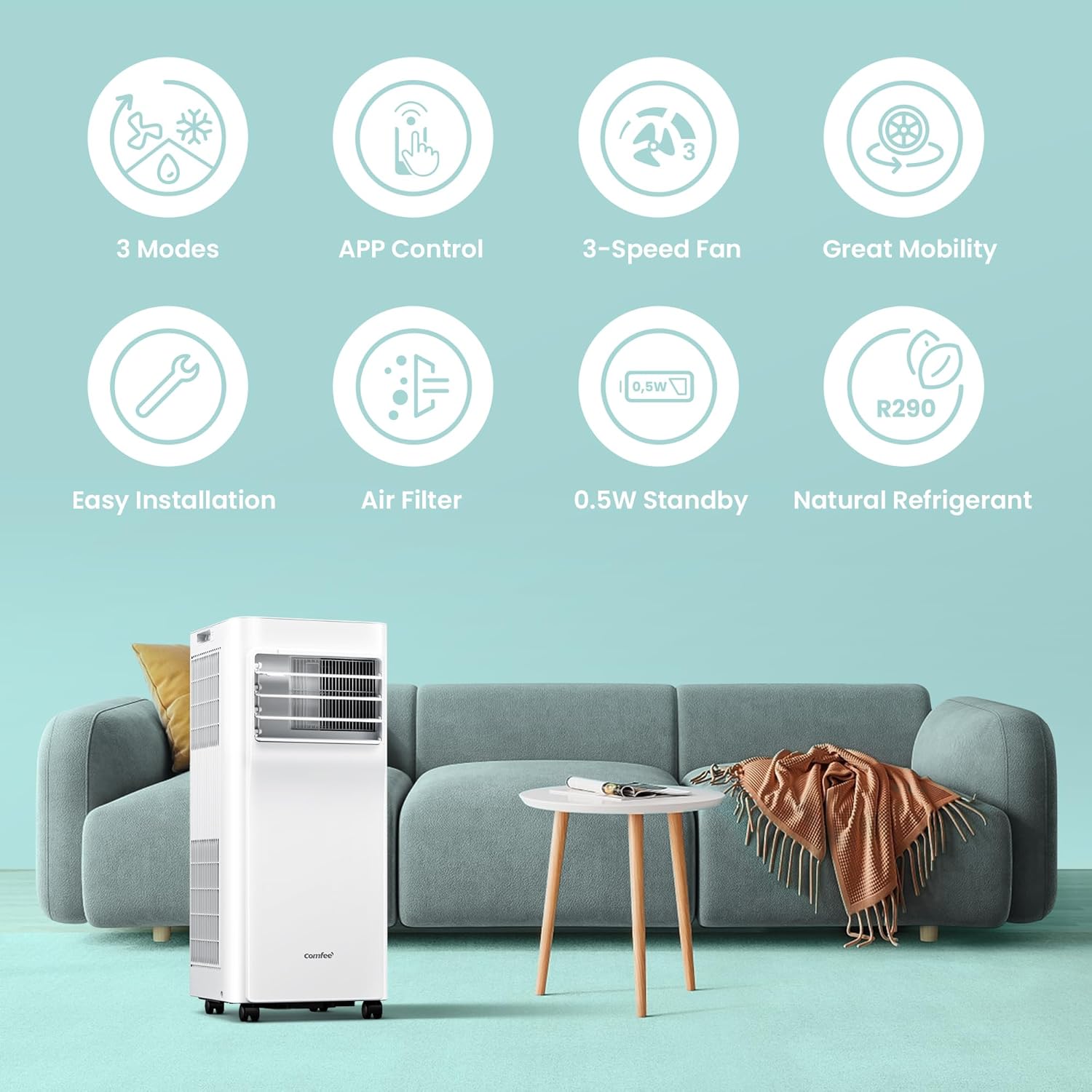 Comfee Mobiles Klimagerät Breezy Cool Pro 2.6,9000 BTU 2,6kW, Kühlen&Ventilieren&Entfeuchten,APP-Steuerung,Raumgröße bis 88m³(33㎡),Mobile Klimaanlage mit Abluftschlauch
