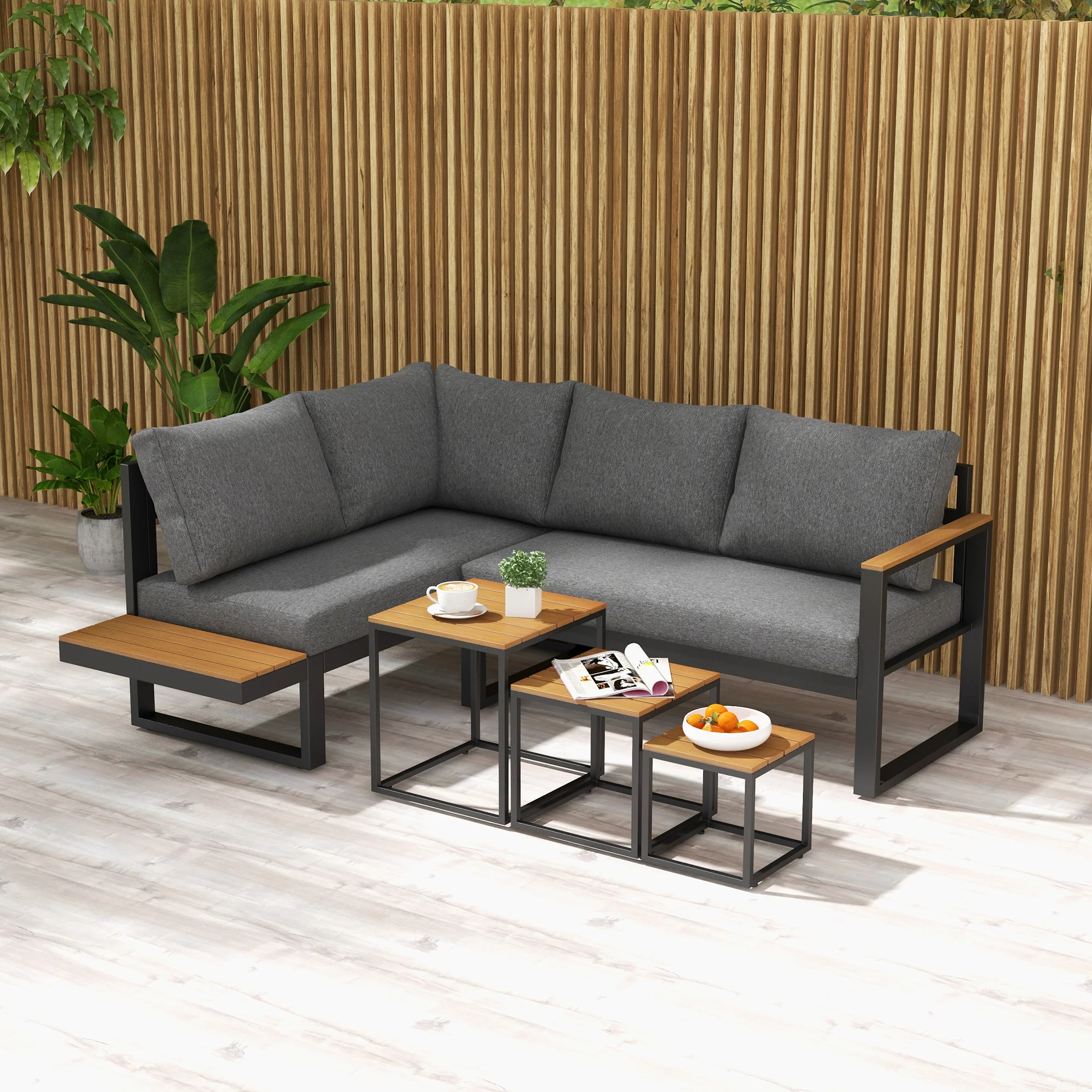 Outsunny Gartenmöbelset 5-tlg. Outdoor-Sofa mit 3 Couchtischen Aluminium