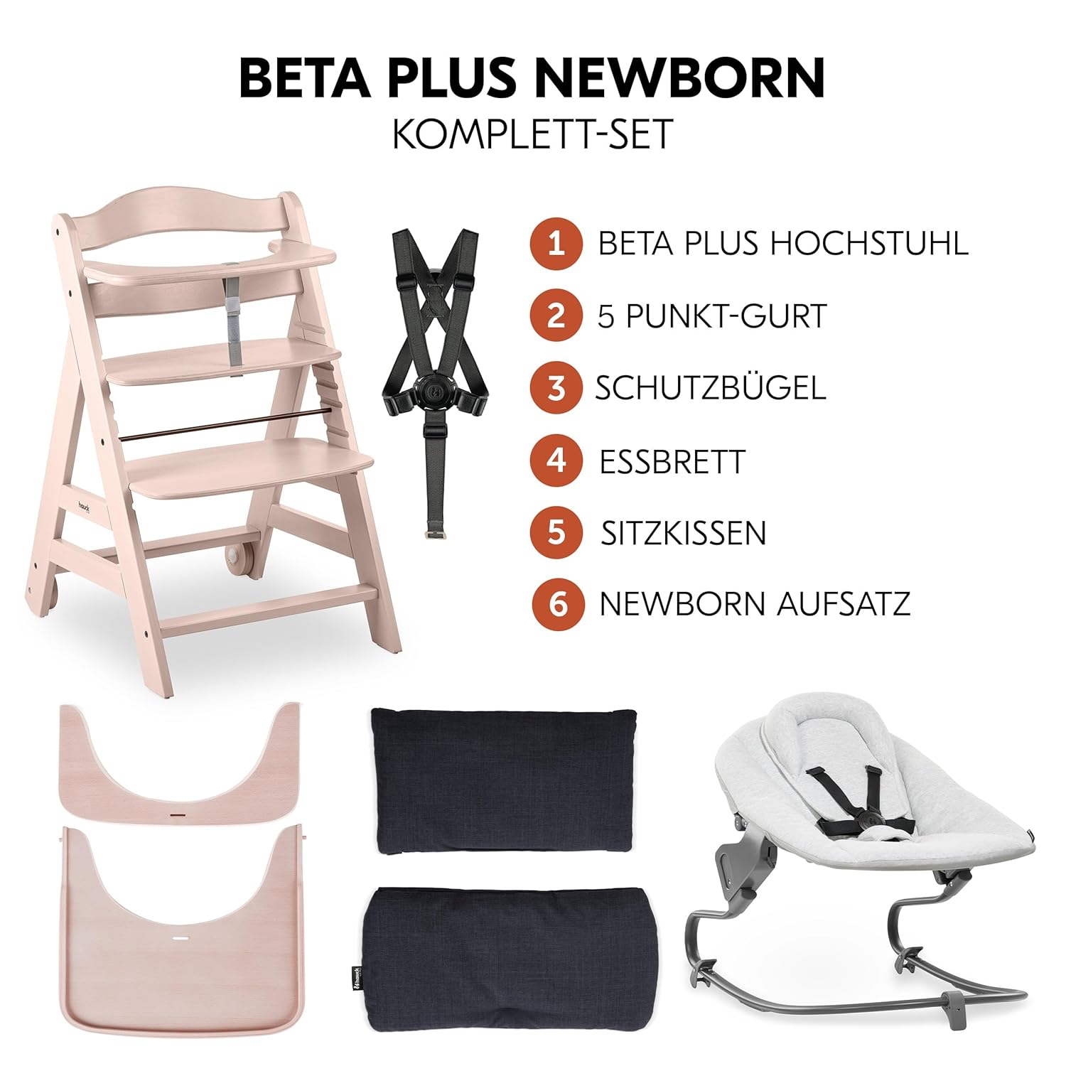 hauck Hochstuhl Beta+ Newborn Set Premium Dark Grey - Babyhochstuhl Set ab Geburt mit Neugeborenen Aufsatz Bouncer, Sitzpolster und Essbrett - Dark Grey