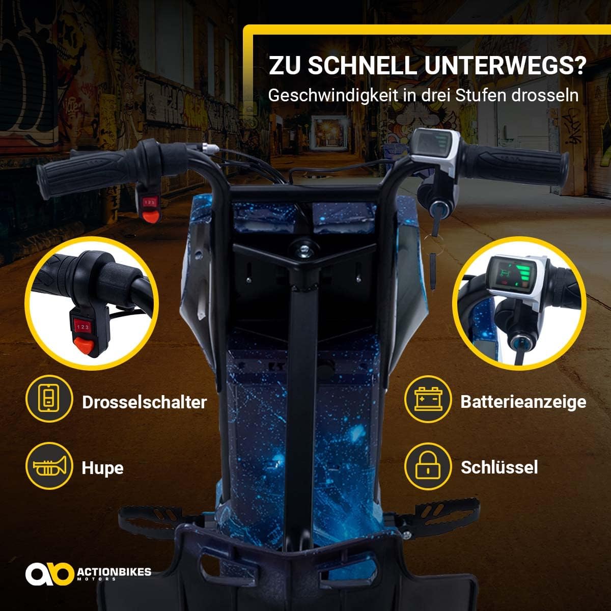 Actionbikes Motors Kinder Elektro Driftscooter | 𝟐𝟓𝟎 Watt Motor - Drift Cart 360°- 3 Geschwindigkeitsstufen - LED-Beleuchtung - Sitz verstellbar - Bluetooth - Drift Kart - Drift Auto (Space Purple)