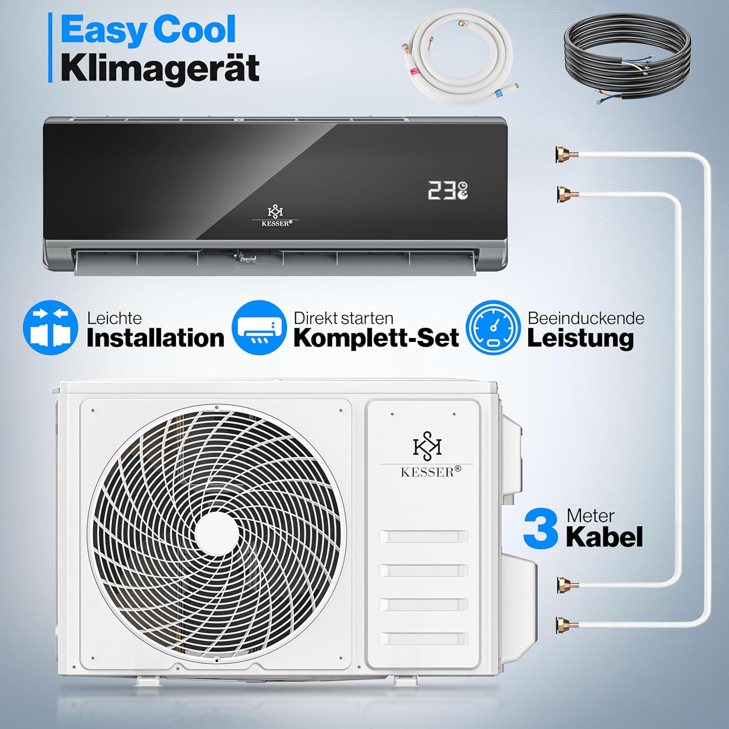KESSER Klimaanlage Set Split - mit WiFi/App Funktion Klimagerät - Kühlen A++/ Heizen A+ - 9000 BTU/h (2.600 Watt) Kältemittel R32 - Fernbedienung, Timerfunktion - Inkl. komplettem Montagematerial
