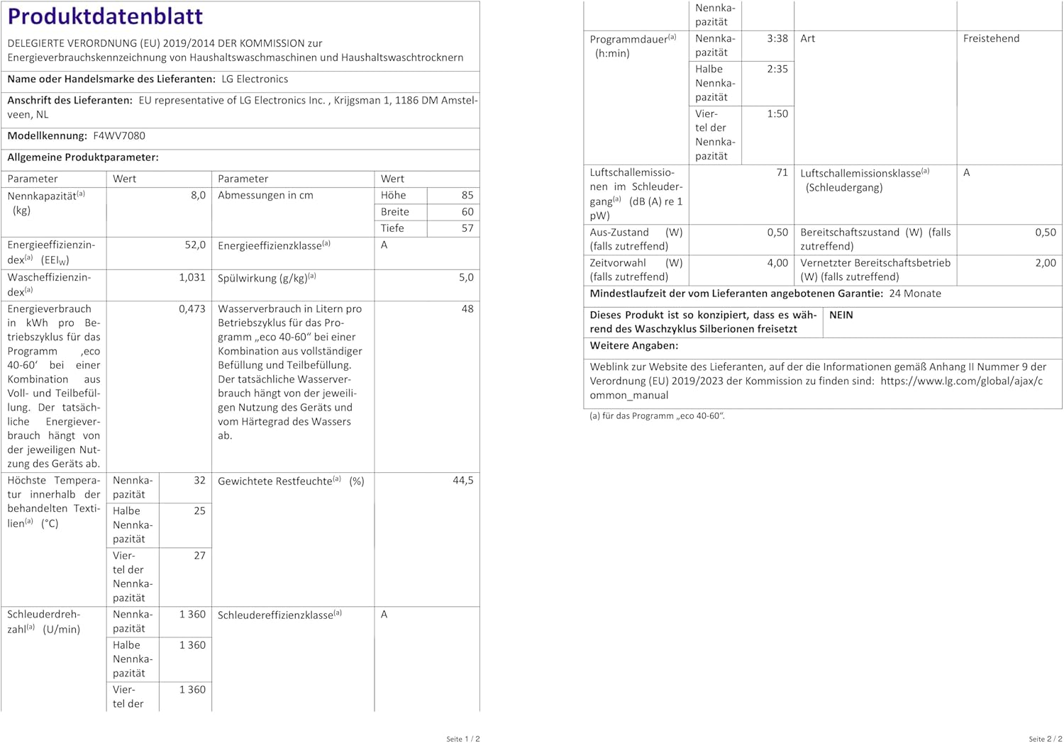 LG F4WV7080, Klasse A, Frontlader-Waschmaschine 8 kg, 1400 U/Min, AI Direct Drive, Wi-Fi, Tiefenreinigung mit Dampf, Groe Kapazitt, TRIPLE A, Auentür aus Sicherheitsglas, 62 x 60 x 85 cm Wei
