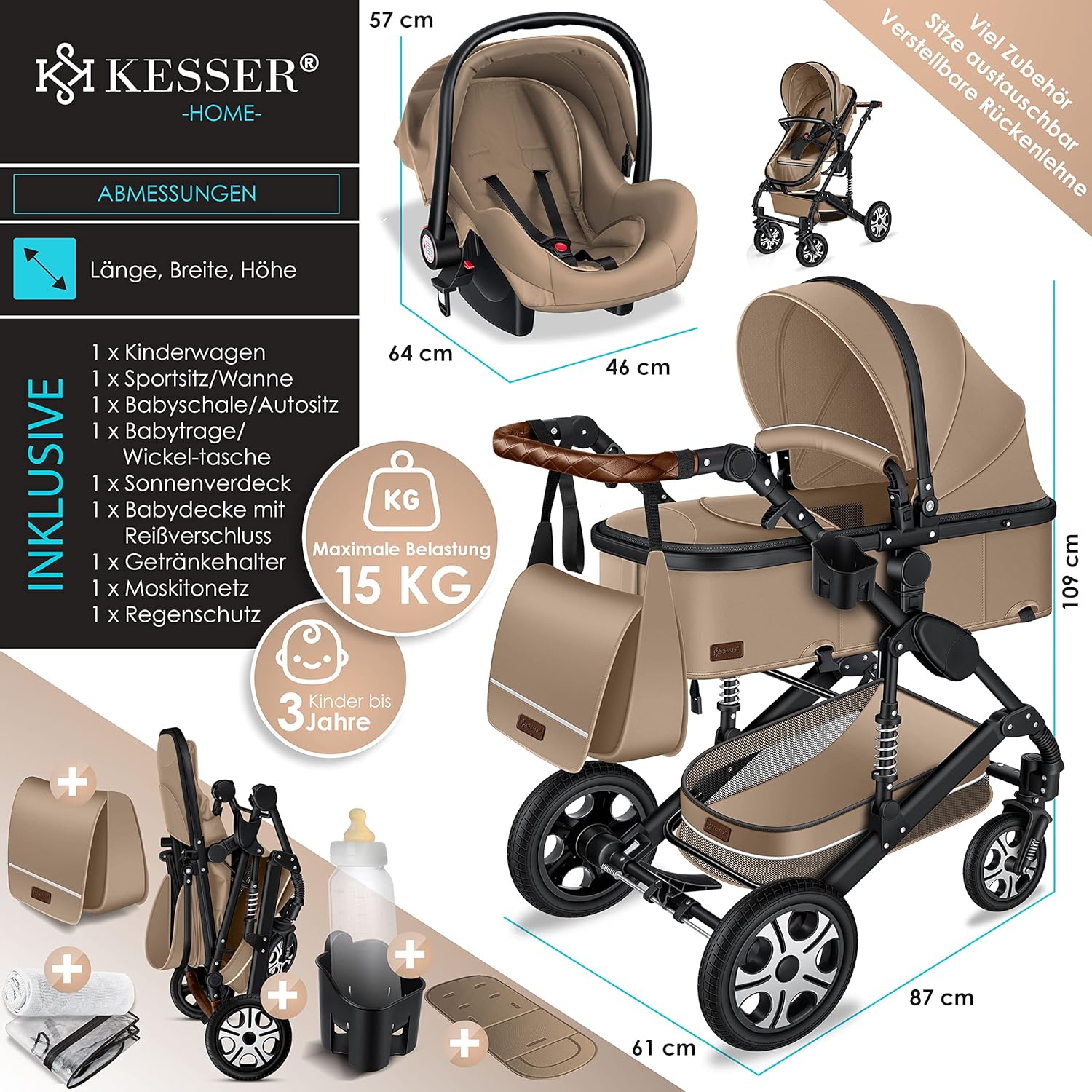 KESSER Loops 3 in 1 Kinderwagen Kombikinderwagen Komplett-Set inkl. Babywanne & Buggy Sportsitz & Auto-Babyschale Voll-Gummireifen Wickeltasche Regenschutz Kindertisch ECE R129, Schwarz/Champagne