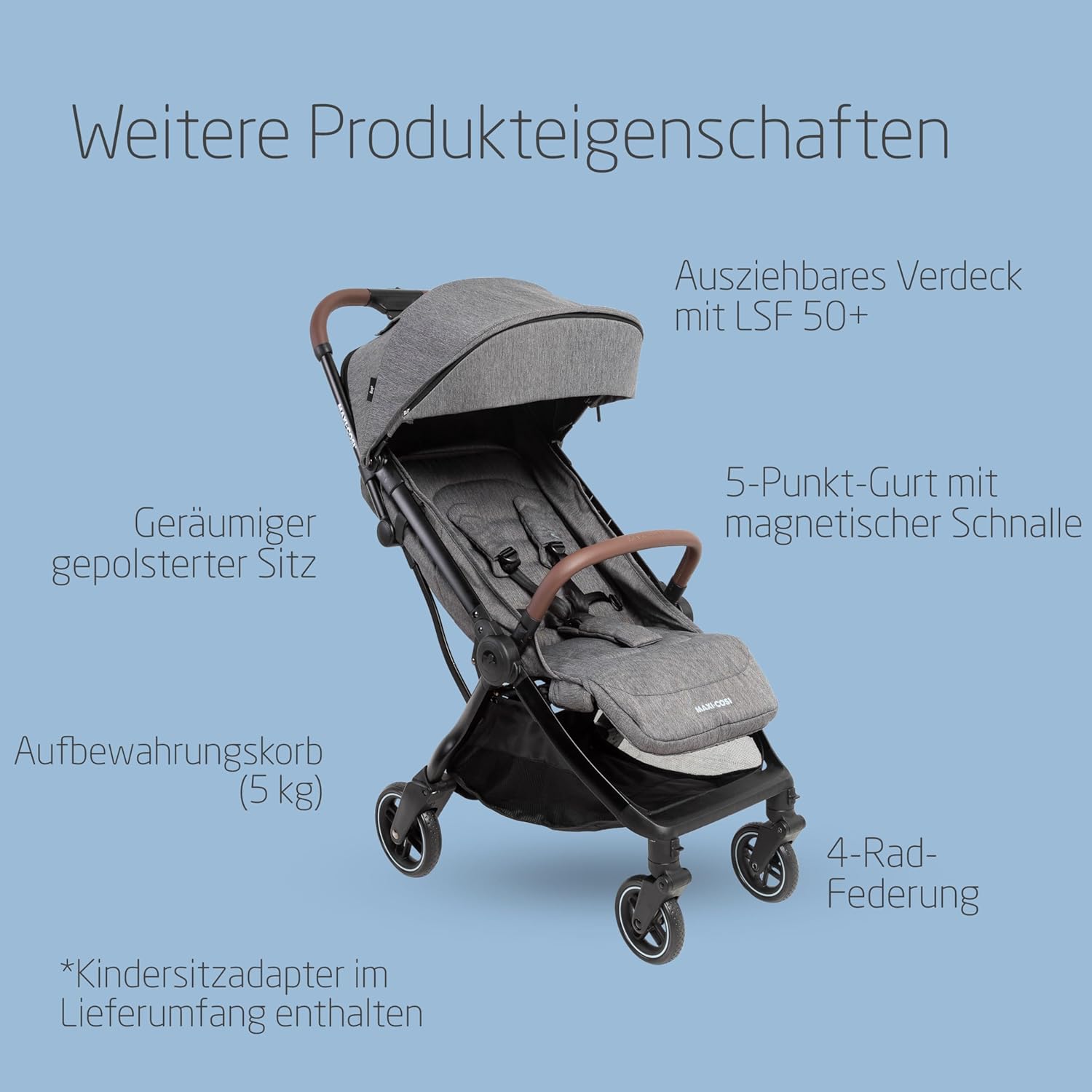 Maxi-Cosi Lara2 Baby Kinderwagen, 0–4 Jahre, 0–22 kg, federleichter, kompakter Buggy, 3 Liegepositionen, flache Liegeposition, klein zusammenklappbar, Schultergurt, Essential Graphite