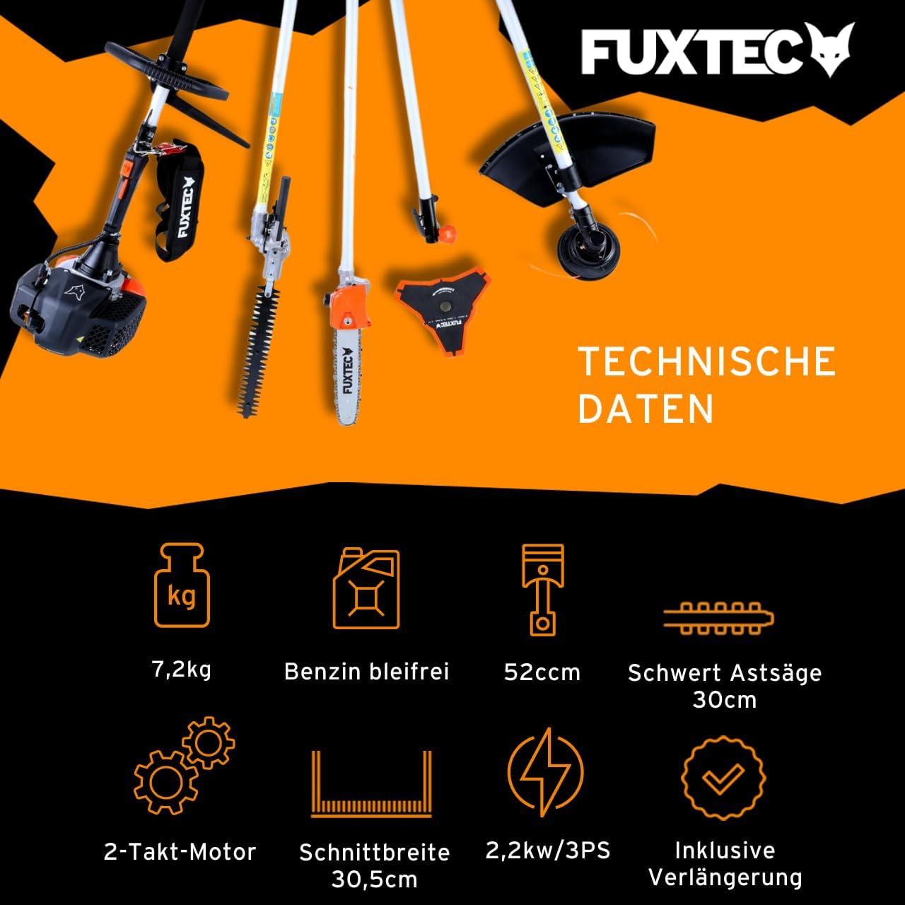 FUXTEC Benzin Motorsense FX-MT152E 5in1 Multitool, 52 cc, Profi-Tragegurt und inkl. 1m Verlängerung 3 PS Kombigerät Heckenschere Hochentaster Kombisystem Freischneider fs 2-Takt Test Oberklasse 1,4